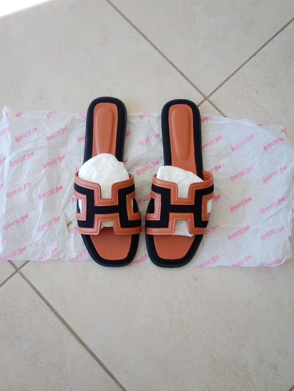 Wild Diva Brown and Black Geometric Slide Mules